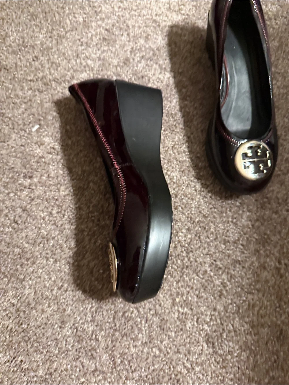 Tory Burch Burgundy Patent Logo Round-Toe Ballet Flats
